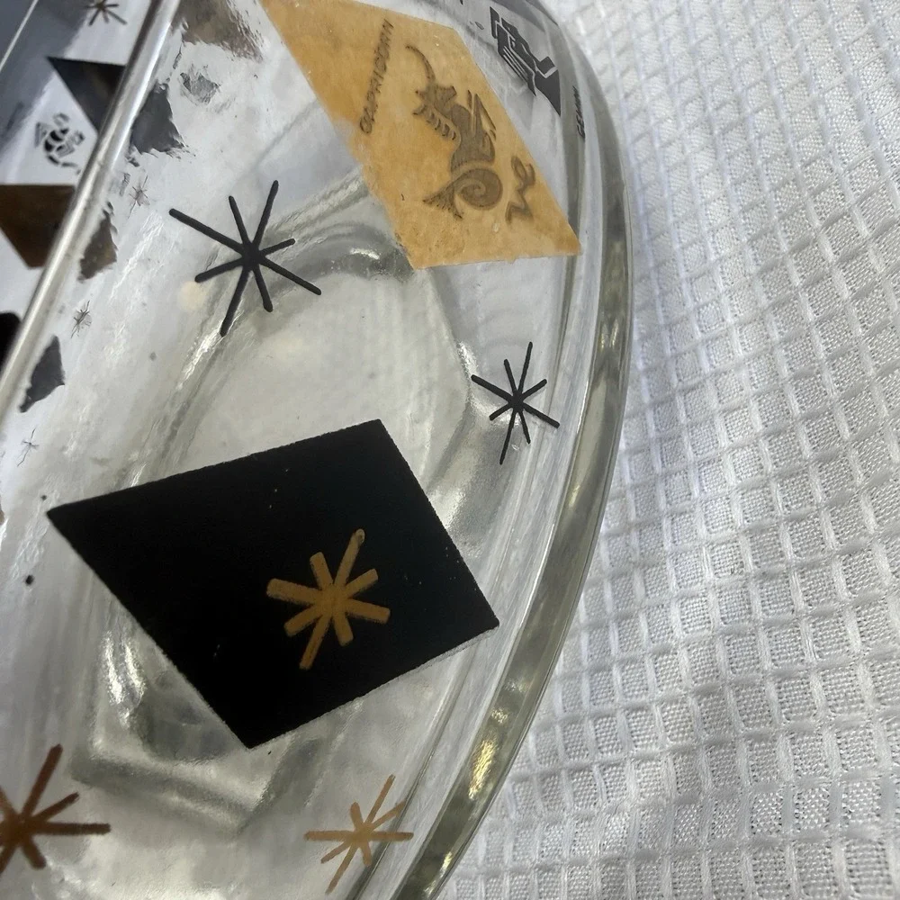 3 Pc Set VTG MCM Federal Zodiac Harlequin Diamond Black 22kt Gold Bowls Chip Dip
